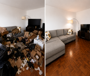Cluttered living room in Brooklyn before and after cleanup and decluttering