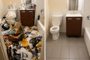 Cluttered bathroom before and after heavy-duty cleaning and restoration