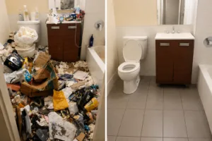 Cluttered bathroom before and after heavy-duty cleaning and restoration