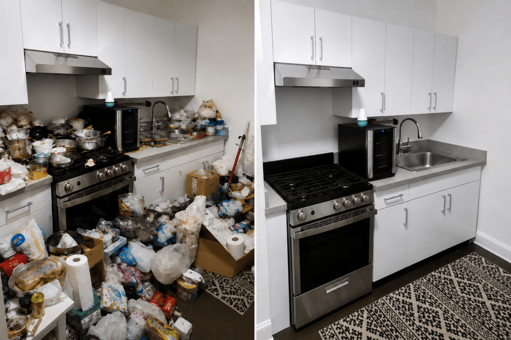 Kitchen cleaning in Queens showing the space before and after professional cleanup