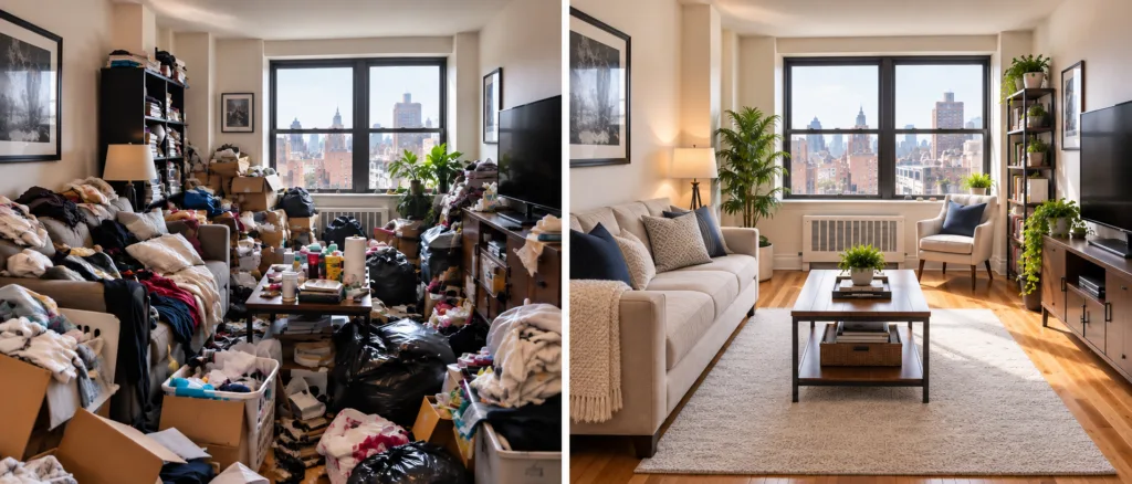 Before and after professional cleanup of a New York City apartment