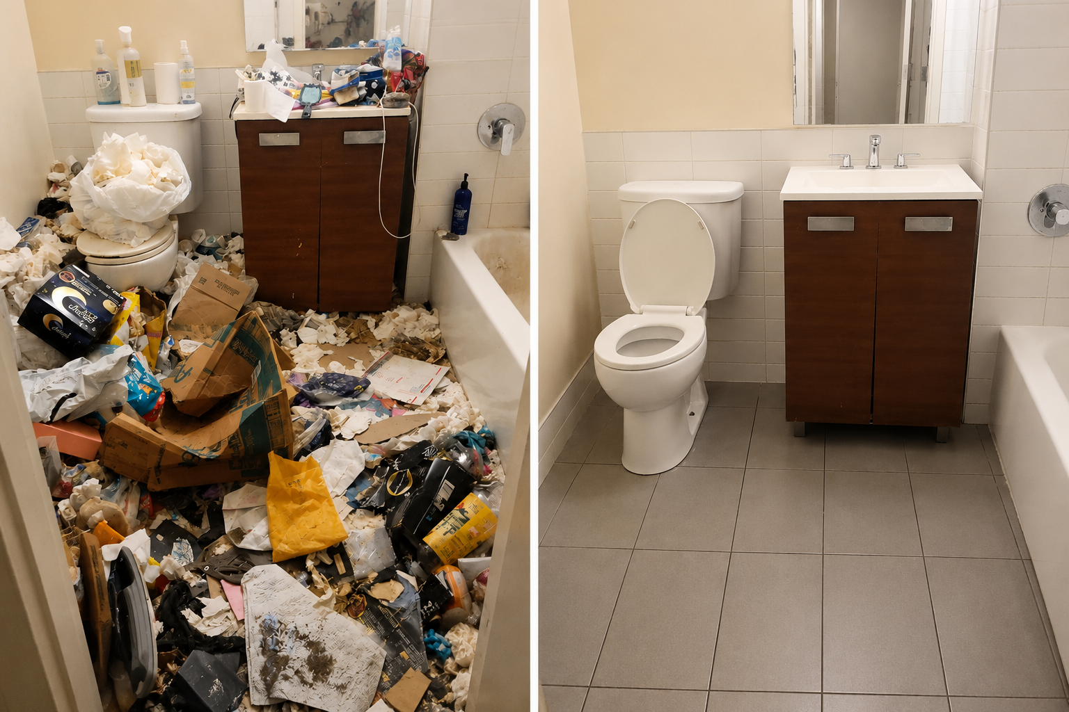 Before and after bathroom cleanup in Brooklyn, New York