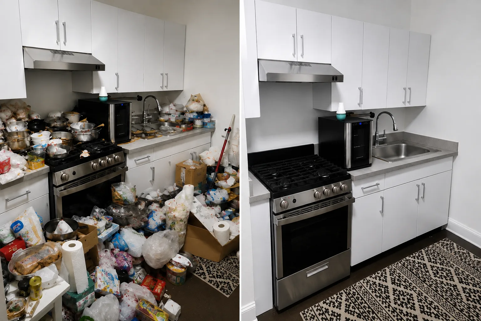 Before and after kitchen cleanup in Queens, New York