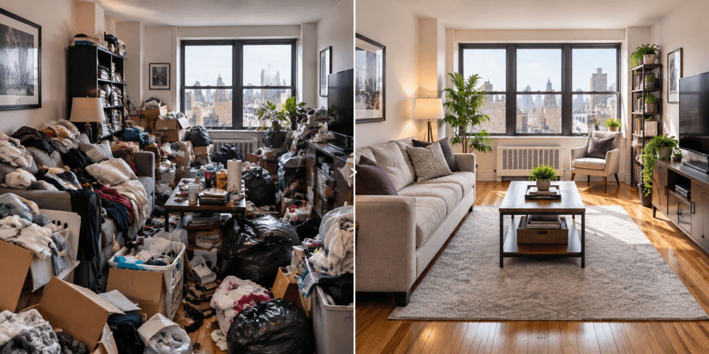 Before and after professional cleanup of a New York City apartment living room